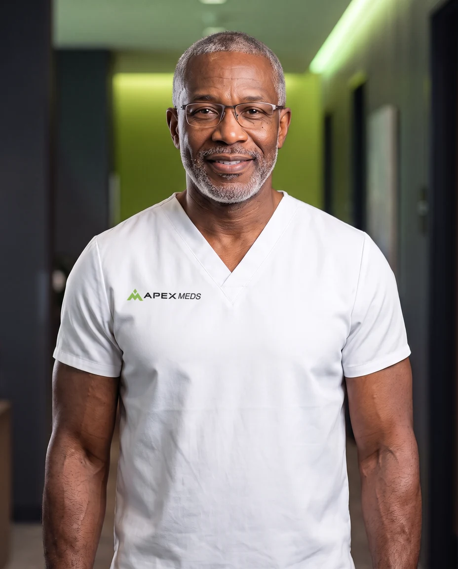 A physician in a white Apex Meds scrub top